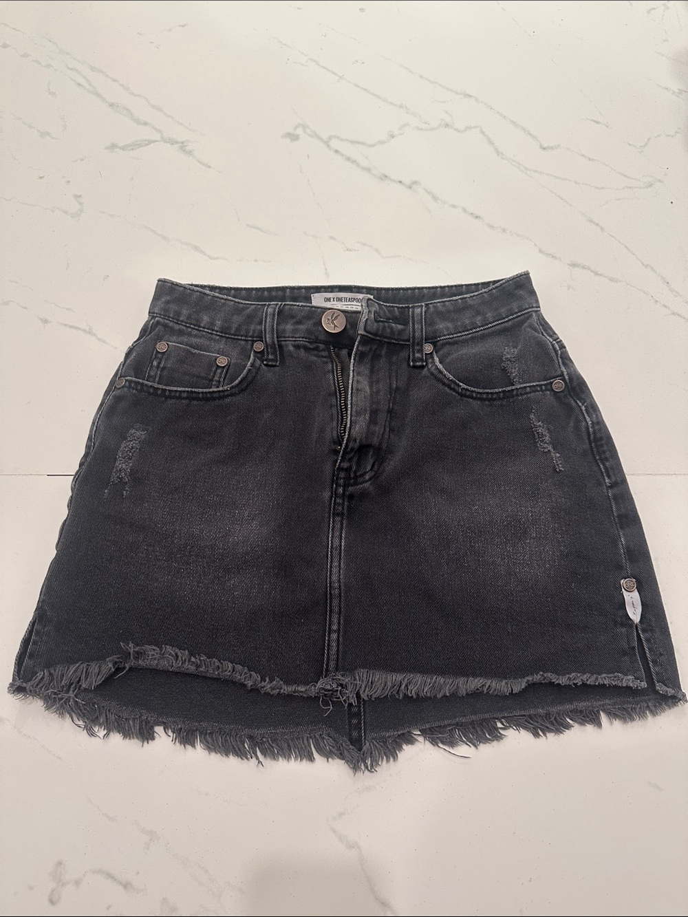 One Teaspoon Black Distressed Denim Mini Skirt